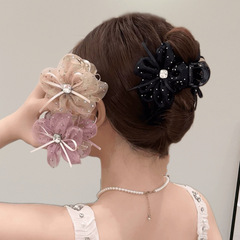 メッシュ弓ストリーマーフラワークリップ気質多用途サメクリップスーパーフェアリースパークリングダイヤモンドヘアクリップポニーテールクリップヘアアクセサリー女性のための