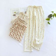 棉纱绉纱薄款睡裤女士四季可穿有侧兜散口家居裤妈妈款空调房长裤