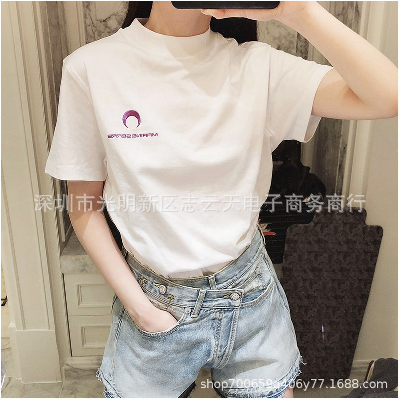 MARINE High Match Version, Short Sleeve T-Shirt with High Neck Letters Embroidered Loose Round Neck with Moon Top MARINE High Match Version, Short Sleeve T-Shirt with High Neck Letters Embroidered Loose Round Neck with Moon Top