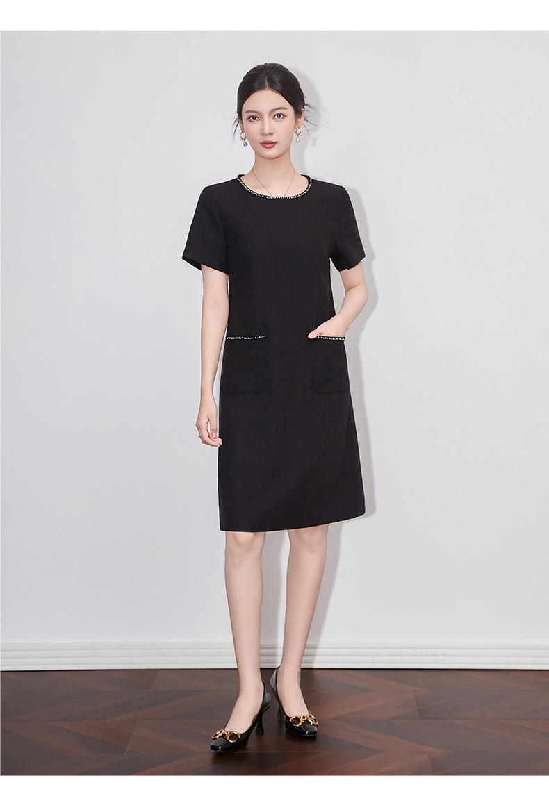Váy liền nữ kiểu Pháp cổ tròn tay ngắn dệt jacquard ôm nhẹ — Màu be chi tiết 15