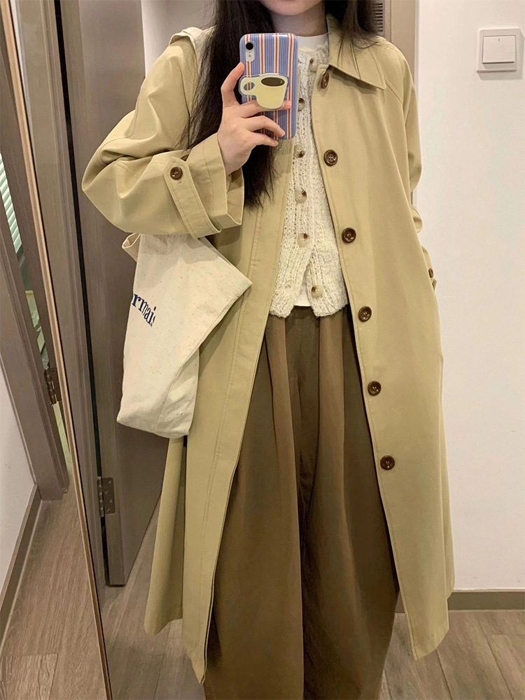 Khaki casual trench coat for women Spring 2024 new small over-the-knee mid-length overcoat autumn and winter
