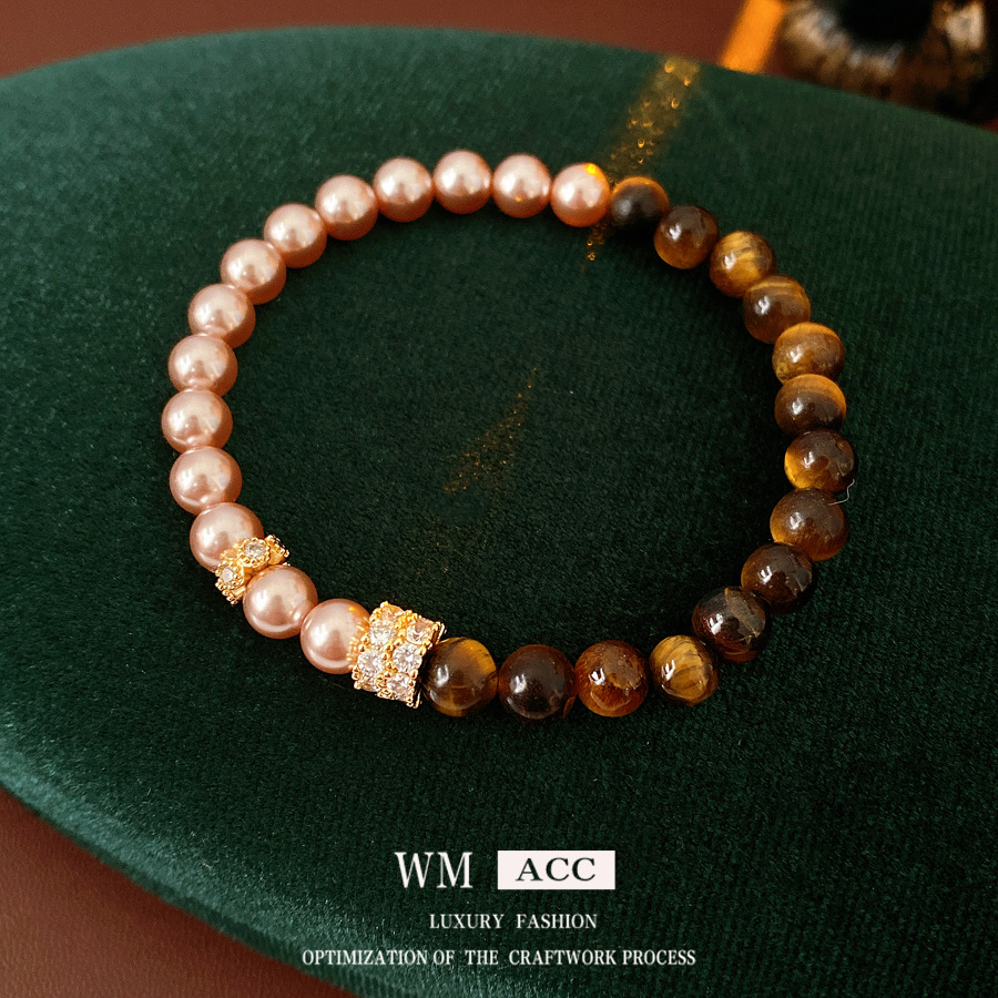 Pulsera de cuentas redonda de zircón ojo de tigre, pulsera de moda retro sofisticada y versátil, nicho de alta calidad, joyas al por mayor.