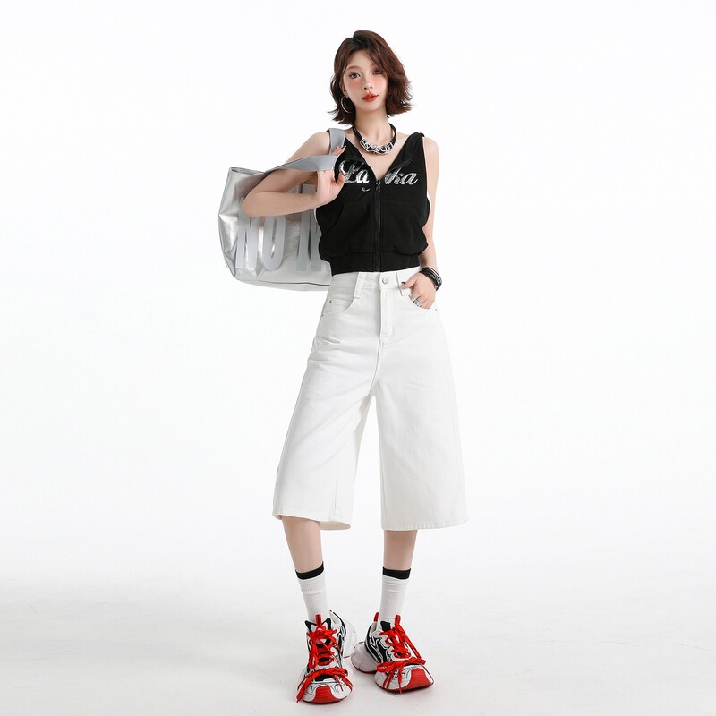 White cropped wide-leg jeans for women, 2026 spring/summer new collection, American style, high-waisted, loose fit, slimming, versatile mid-length pants