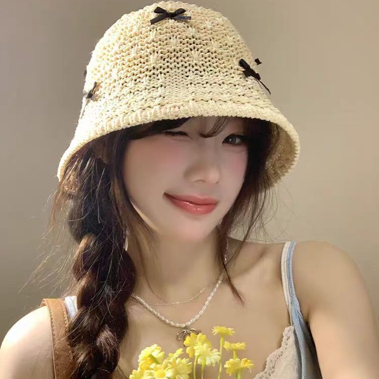 Sweet bow hand-knitted fisherman hat for women in summer hollow…