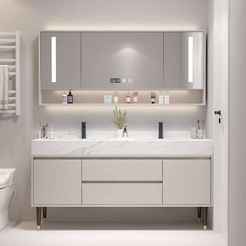 Cream Style Slate Seamless Integrated Basin Bathroom Cabinet Combination Double Basin Washbasin Bathroom Hand Wash Basin Set