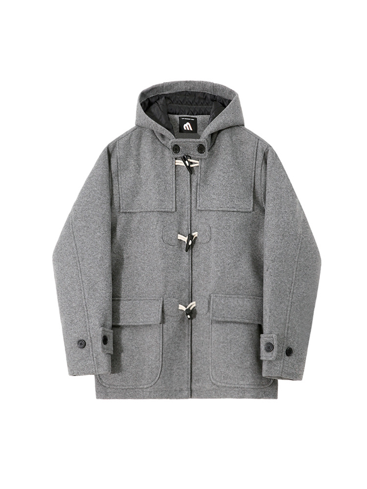 MYQ con capucha abrigo de lana de los hombres otoño e invierno cálido abrigo de algodón acolchado estilo coreano cuerno suelto hebilla abrigo de lana corto image 7