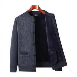 爸爸圆领开衫毛衣加绒加厚款中老年人男士针织外套爷爷秋冬装上衣