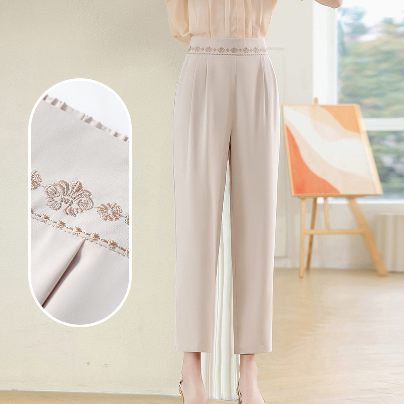 Mom's Summer Thin High-Waisted Slim-Fit Pants for Middle-Aged Women, Casual Straight-Leg Cropped Pants, Loose Drapey Ice Silk Pants