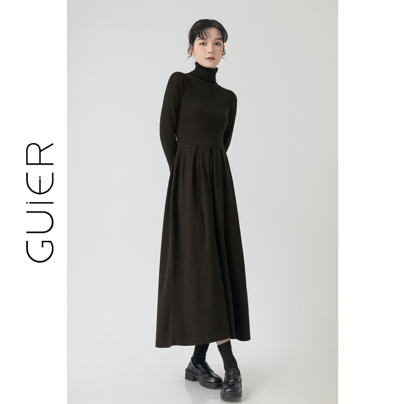 桂儿「包芯纱」黑色经典！复古高领针织连衣裙女春法式气质长裙子|undefined