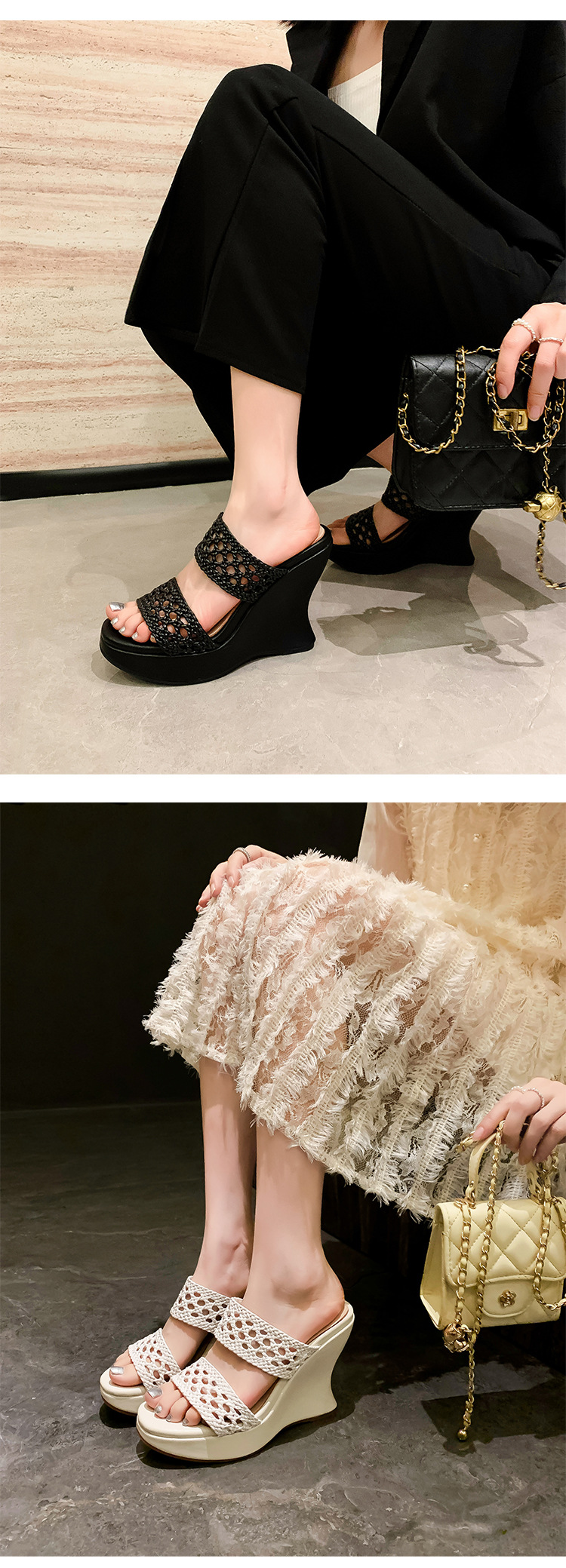 Dép lê đan phong cách Chanel đế xuồng cao gót 10cm cho nữ mùa hè — Màu đen, Màu trắng chi tiết 12