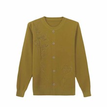 中老年女装针织衫春秋装百搭圆领绣花小开衫老人衣服外套丝光棉