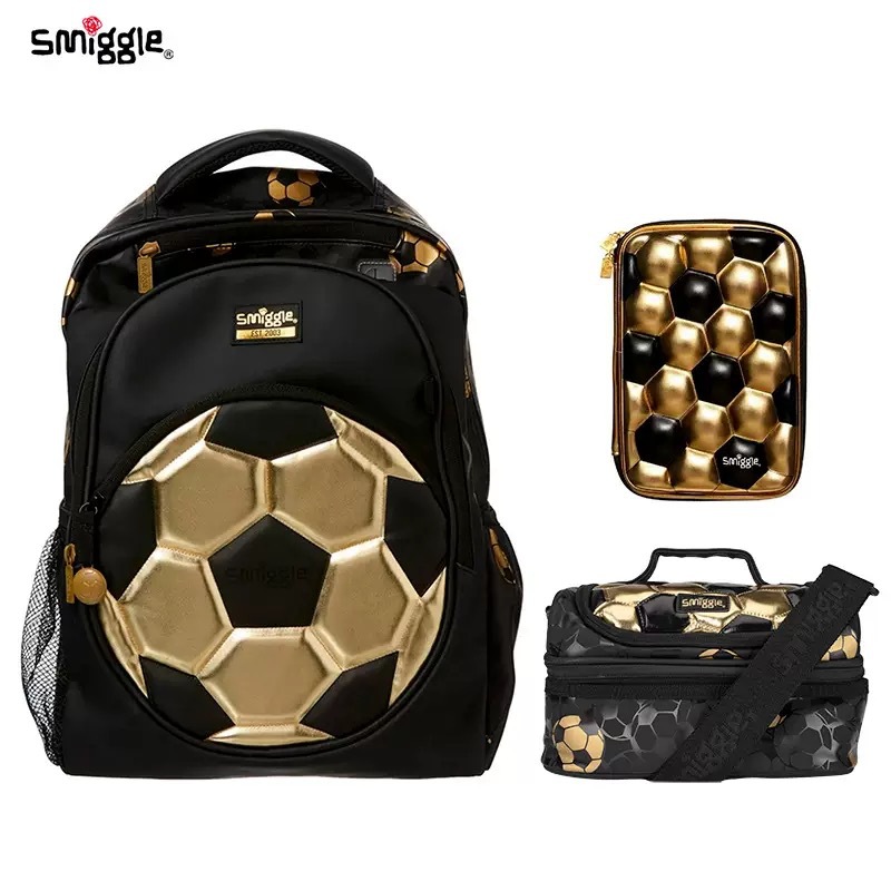 Smiggle Golden Football Schoolbag Box Set para niños Papelería Bolsa de almacenamiento multifuncional Mochila de descompresión Regalo