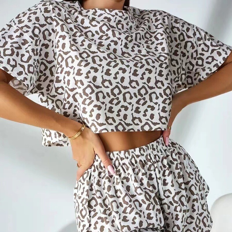 Leopard Print Set New in Stock Short-Sleeve Shorts Sexy Fashion Pajamas European and American Women's Russian Print Cross-Border