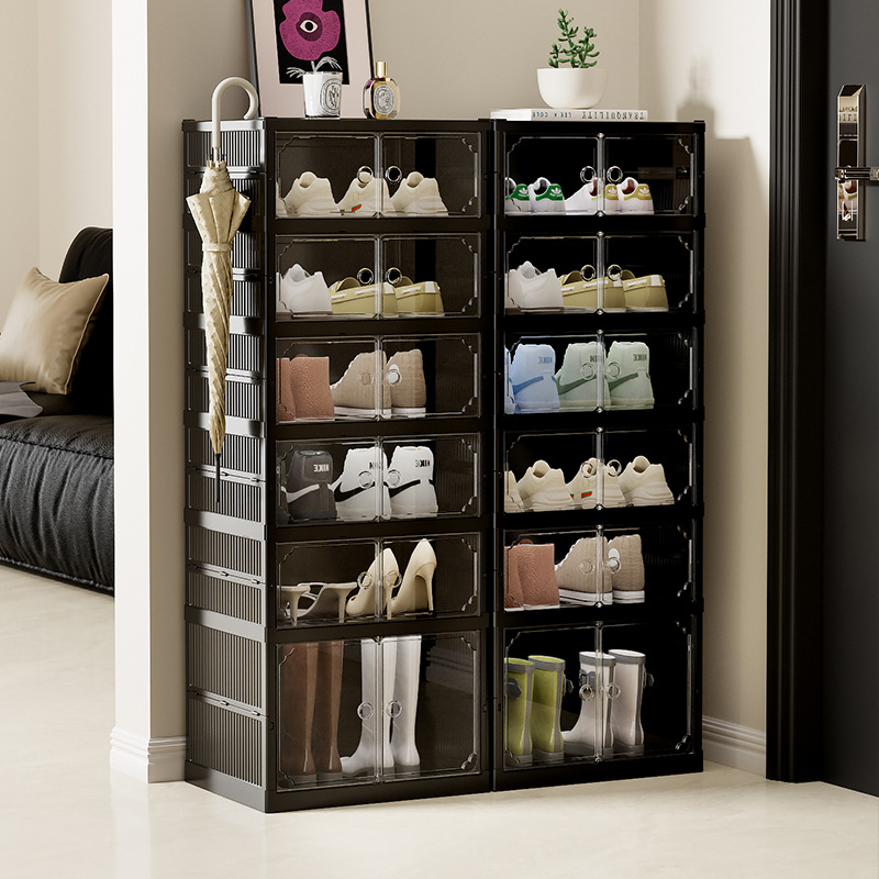 Caja de almacenamiento de doble fila integrada de absorción magnética transparente sin instalación para estantes de zapatos plegables y caja de zapatos a prueba de polvo