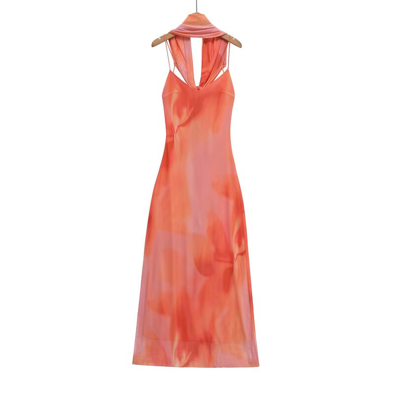2025 New Feminine Fashionable Backless Design V Neck Thin Suspender Printed Scarf Decorated Long Dress