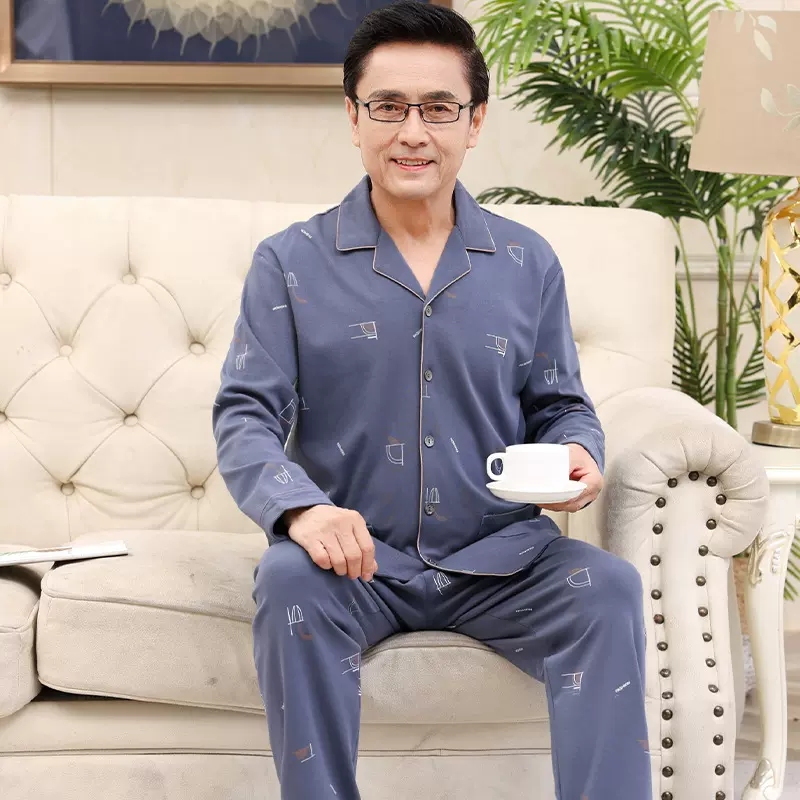工厂直销中青年睡衣男士春秋长袖开扣老年人家居服套装一件起批