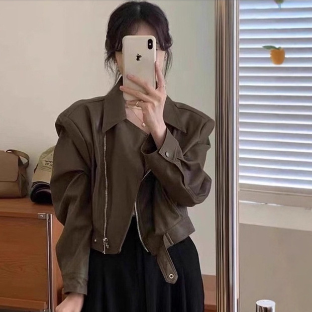 咖色pu皮衣外套女短2025春季宽松小个子复古港风长袖机车夹克上衣|undefined