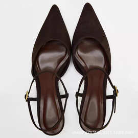 ZA2025春夏季棕色绒面皮尖头猫跟凉鞋一字扣露跟穆勒鞋女法式复古