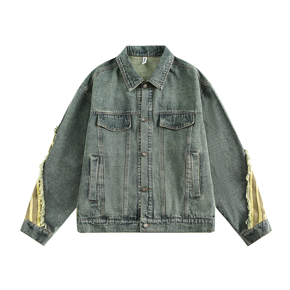 Color Block Patchwork Frayed Vintage Denim Jacket Niche Men's Punk Washed Cat Whiskers Loose Turn-Down Collar Coat_voghion.com
