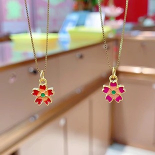 Ancient Gold Cherry Blossom Pendant Bracelet Bracelet Necklace 999 Pure Gold Peach Blossom Burnt Blue Enamel Pendant Necklace for Women
