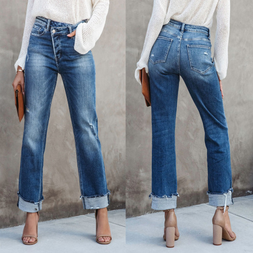 Direct sales 25 European and American new urban casual washed women's straight jeans pants 3203