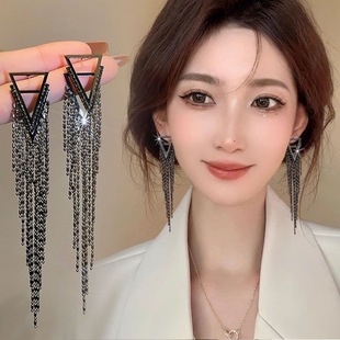 All-Match Triangle Diamond Tassel Earrings European and American Fashion Exaggerated Ear Studs Elegant Light Luxury Elegant Textious Internet Celebrity Earrings
