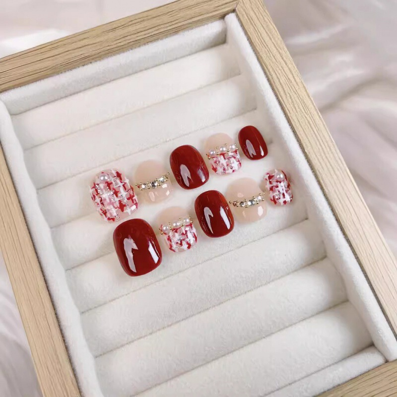 Purely Handmade Wearable Nails, Short Student Manicure Patches, Finished Elegant, Small Fragrance, White and Red Nail Patches, Removable Purely Handmade Wearable Nails, Short Student Manicure Patches, Finished Elegant, Small Fragrance, White and Red Nail Patches, Removable