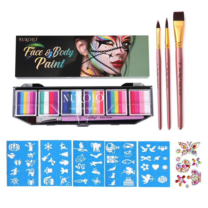 Ventas transfronterizas calientes 6 grupos de paleta de color de barra arcoíris conjunto acuoso cuerpo humano pintado pigmento de pintura facial pasta de color pigmento de acuarela