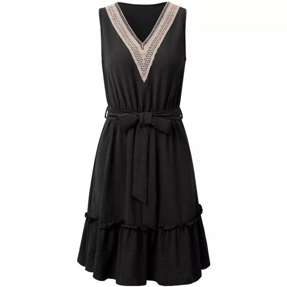 Summer new women's clothing 2024 fashionable fresh style solid color V-neck sleeveless lace waist-tight Amazon dress