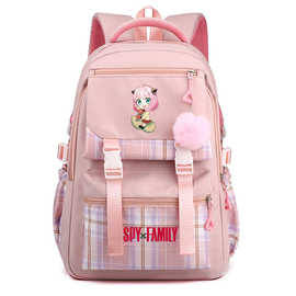 01印花日漫卡通青少年中小学生书包格子毛球女休闲轻便双肩背包