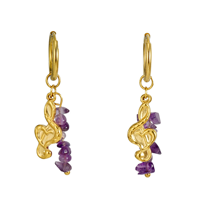 Pendientes de anillo de oreja de acero inoxidable 18k de moda transfronteriza nota musical pendientes de piedra natural pendientes de acero de titanio de estilo europeo y americano para mujeres