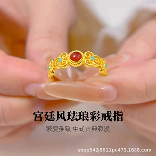 新中式镂空花丝镀金戒指女宫廷风珐琅戒指活口可调节指环