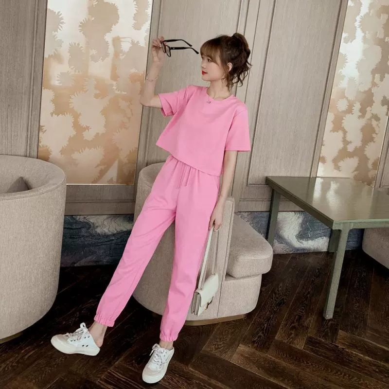 减龄休闲套装女2025夏季新款紫色短袖T恤九分裤时尚美少女两件套