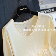 CB79莱赛尔亚麻V领宽松显瘦落肩短袖针织衫女T恤上衣夏季