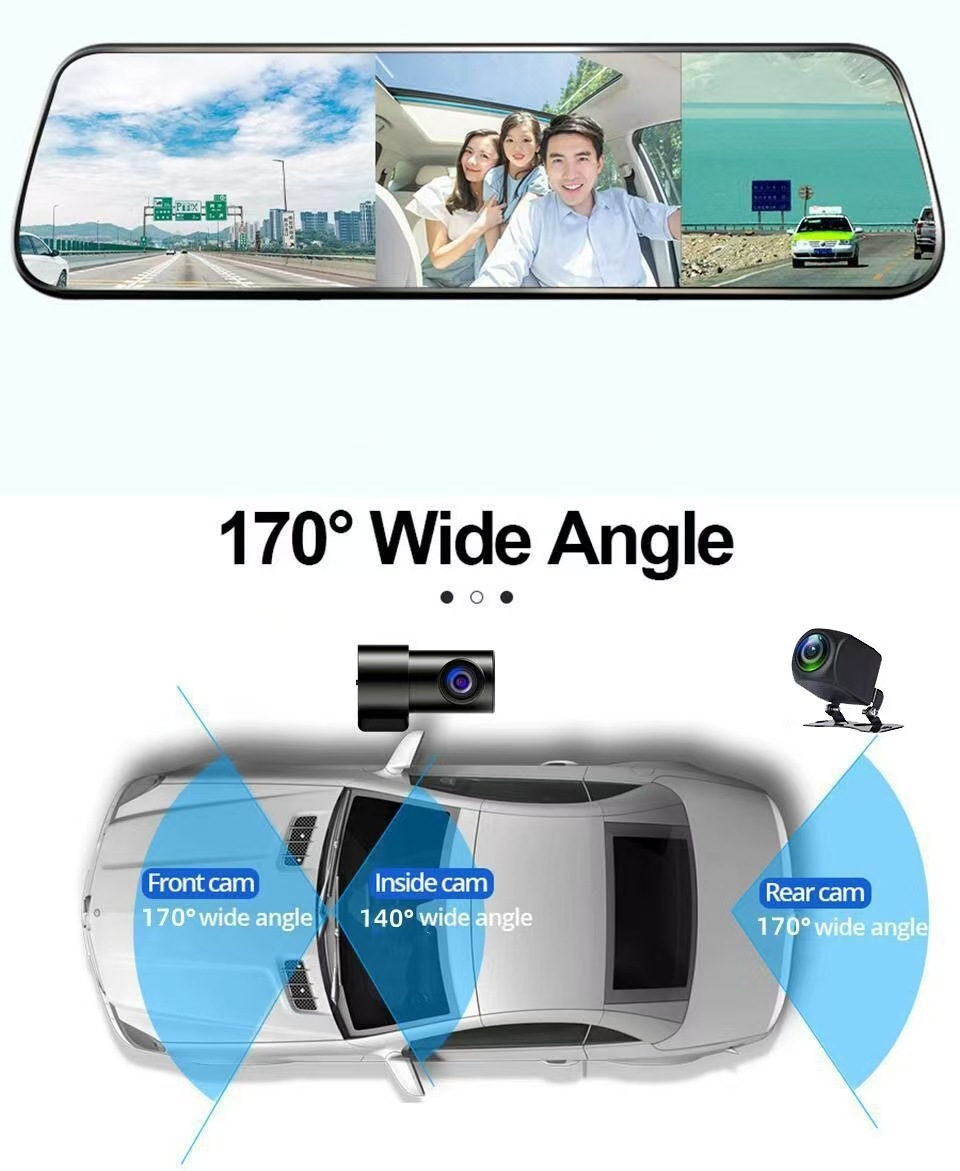 10 inch 3 lens streaming media rearview mirror front and rear lens car lens video HD night vision driving recorder