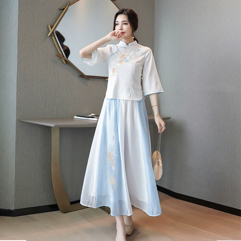 Костюм Hanfu, женский древний костюм в китайском стиле, костюм из двух предметов с вышивкой, летнее платье феи подружки невесты, студенческая женская одежда в стиле Республики Китай
