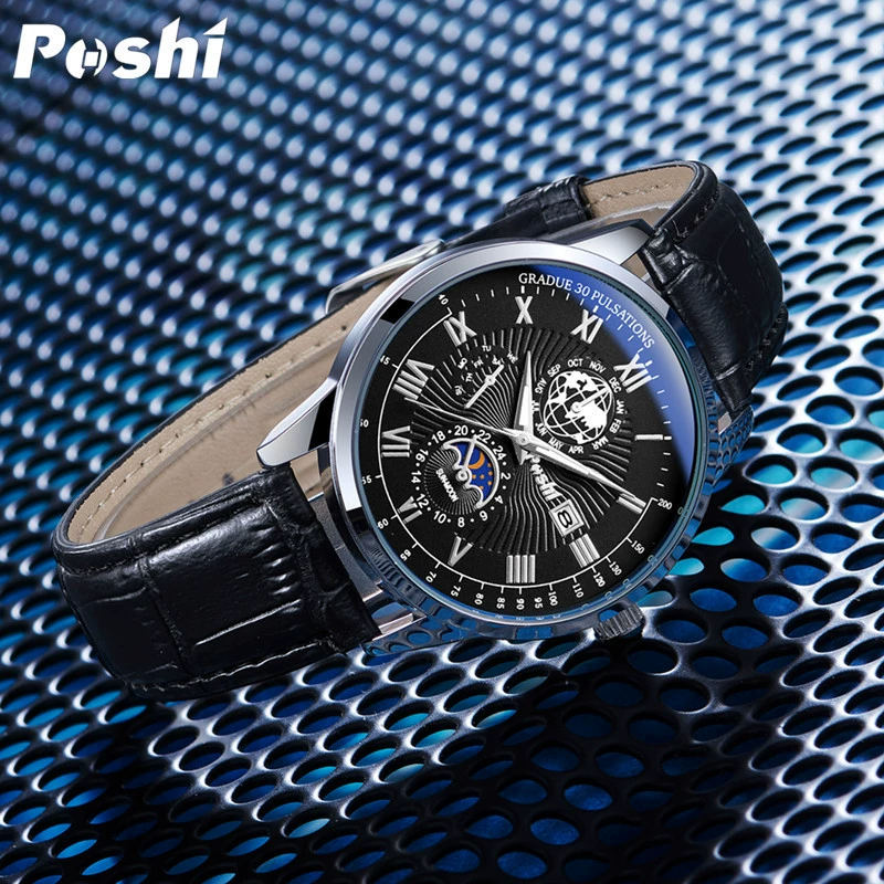 Poshi Classic ремень, кварцевые часы, водостойкие модные календарь, спортивные часы, натуральная кожа, оптовая продажа