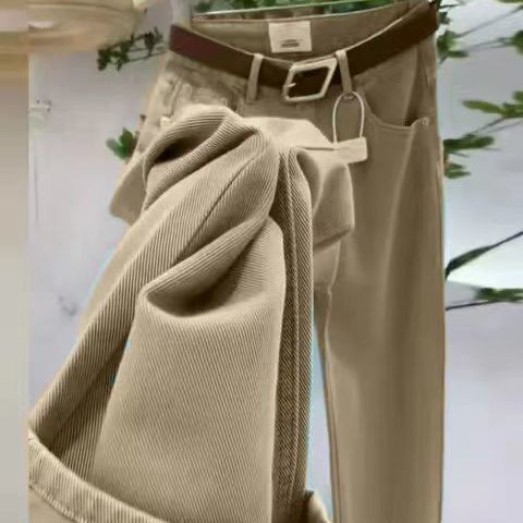Khaki Soft Straight Jeans for Women 2025 New Autumn and Winter Pear-Shaped Figure High-Waist Slimming Look Wide-Leg Pants