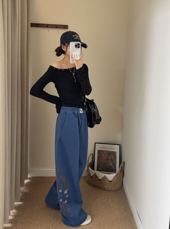 Jennie同款美式侧边星星烫钻量感休闲裤女秋季新款宽松休闲长裤|undefined