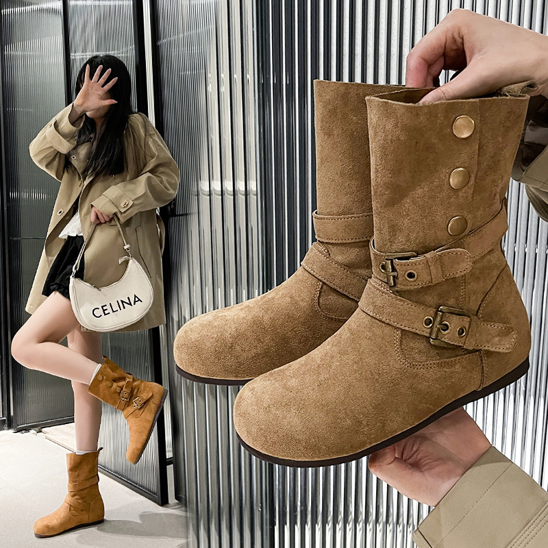 Retro Nubuck Leather Two-Wear Short Boots Western Cowboy Fashion Boots for Women 2025 Autumn and Winter New Style Simple and Comfortable Boots