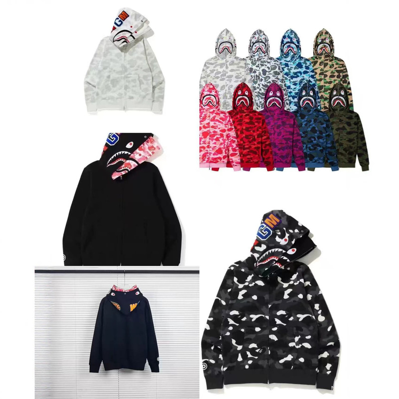 BAPE Japanese-style trendy camouflage shark hooded sweatshirt, unisex, WGM double-hooded zip-up jacket, couple's style BAPE Japanese-style trendy camouflage shark hooded sweatshirt, unisex, WGM double-hooded zip-up jacket, couple's style