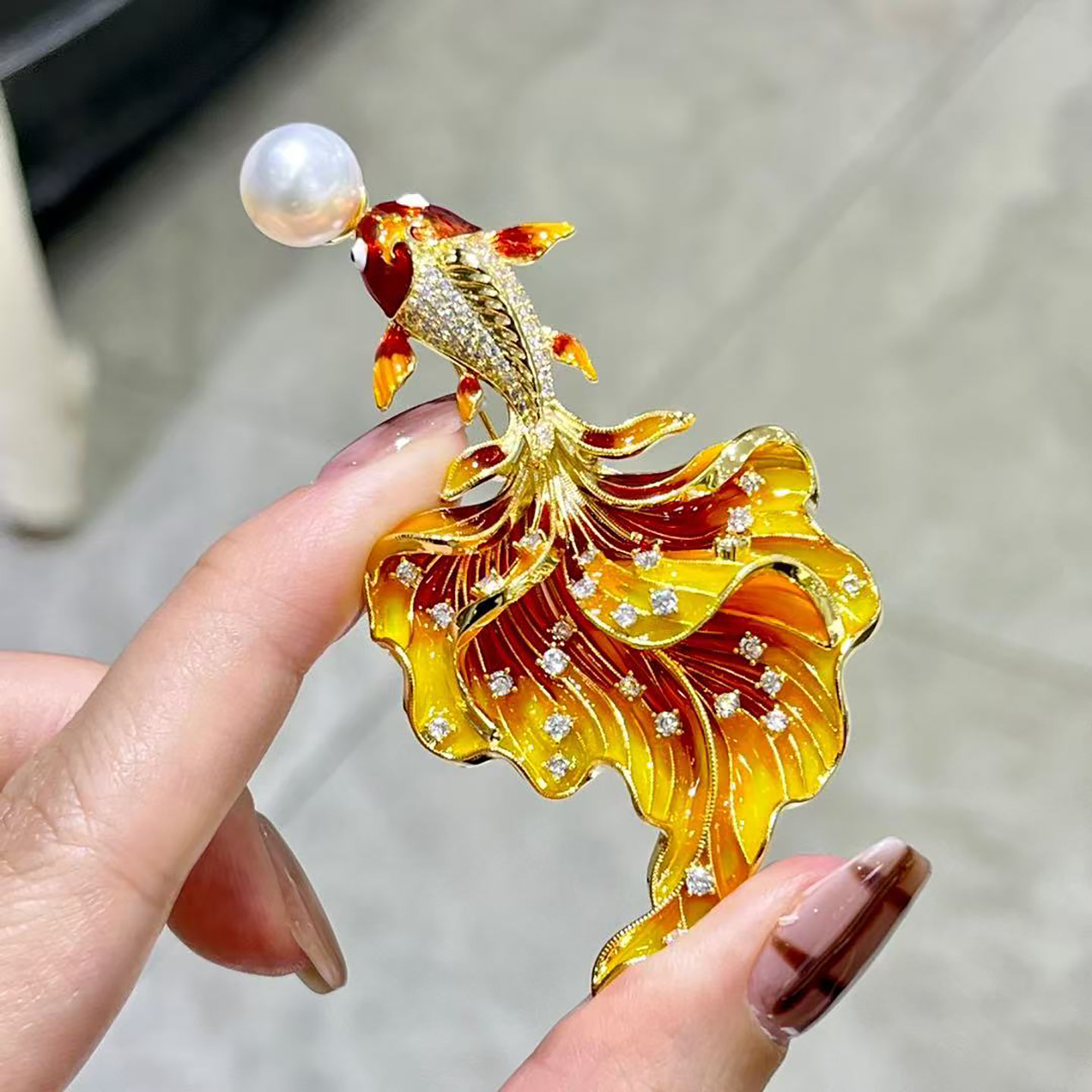 DIY accessories, Chinese-style enamel koi fish brooch, 3D gold-plated fish tail, cubic zirconia pin, pearl brooch setting