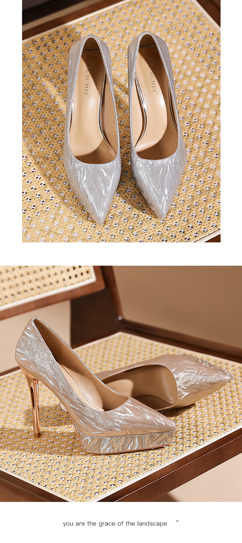 Giày cao gót nữ mũi nhọn kiểu Pháp, gót nhọn, đế xuồng chống thấm nước Gretel, miệng giày nông — Rượu sâm banh chi tiết 9