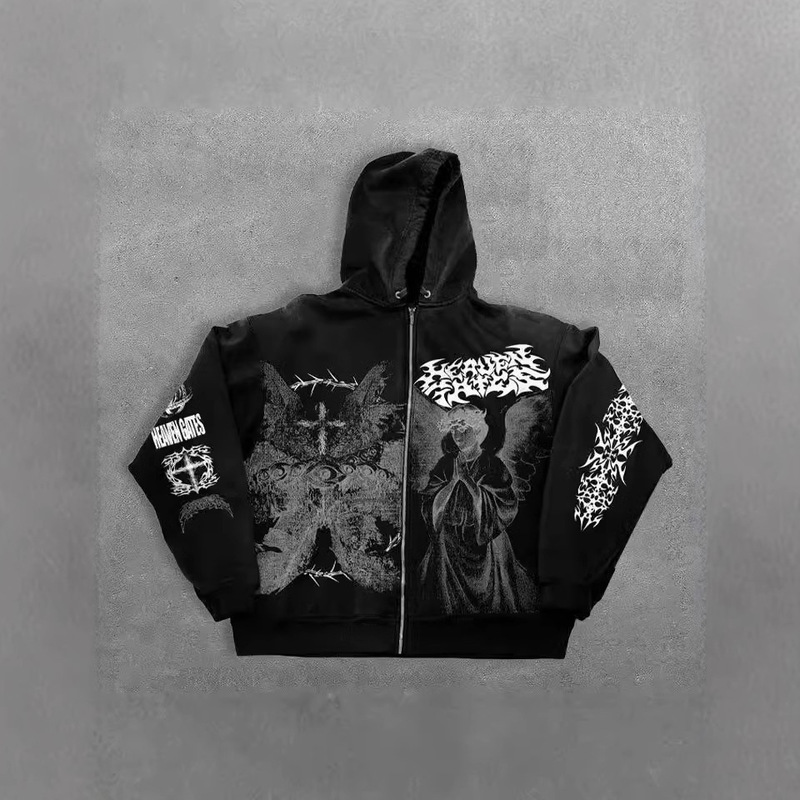 Cross-Border European and American Trendy Brand Y2K Autumn and Winter New Angel Print 3D Hooded Zipper Loose Sweatshirt for Men and Women Cross-Border European and American Trendy Brand Y2K Autumn and Winter New Angel Print 3D Hooded Zipper Loose Sweatshirt for Men and Women