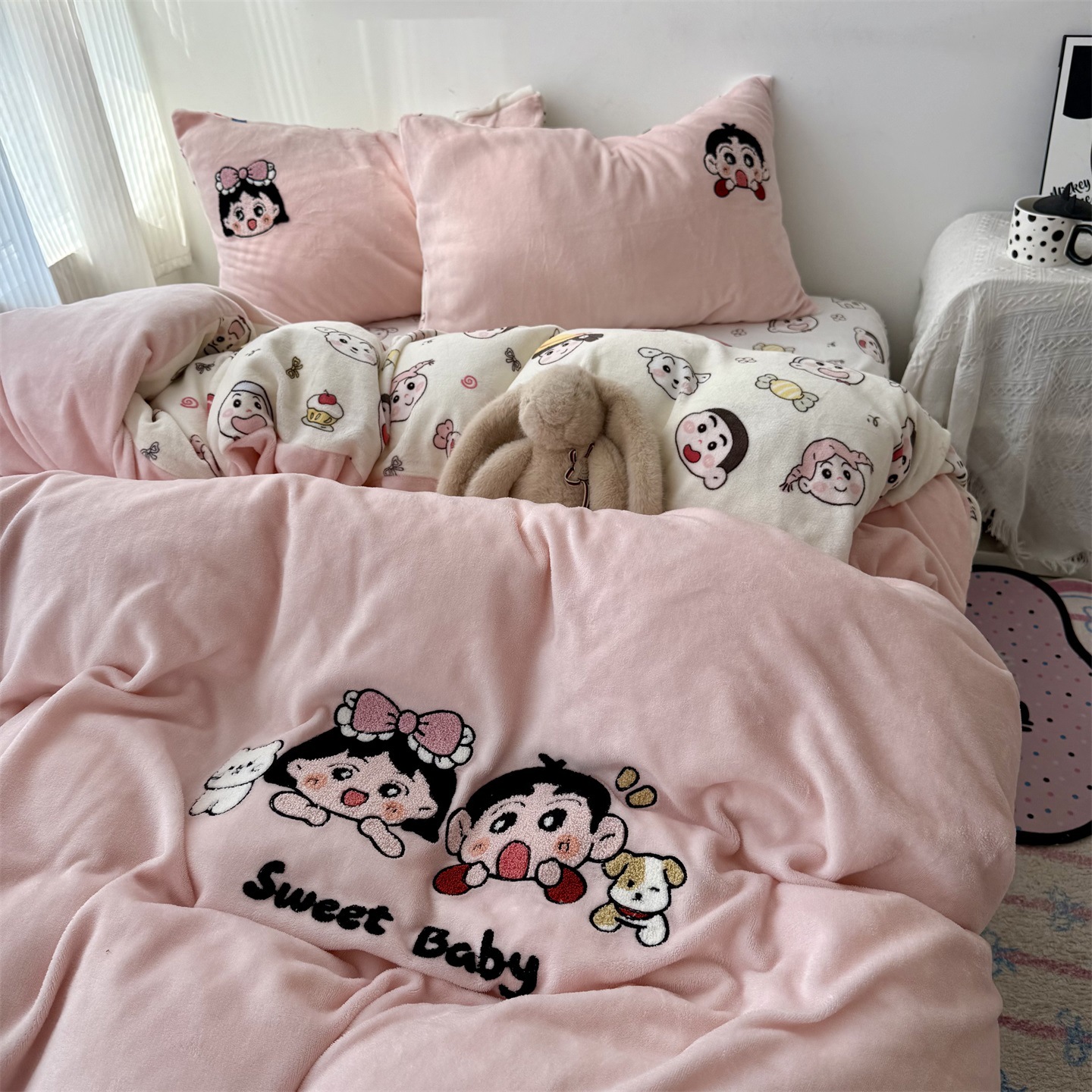 韩式卡通毛巾绣牛奶绒四件套冬季加厚珊瑚绒被套床单少女心三件套