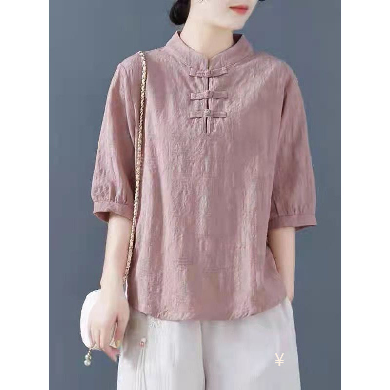 New Chinese-Style Retro Buttoned Linen Mid-Sleeve Shirt for Women, Summer National Style Zen-Inspired Stand Collar Improved Cotton-Linen Jacquard Top