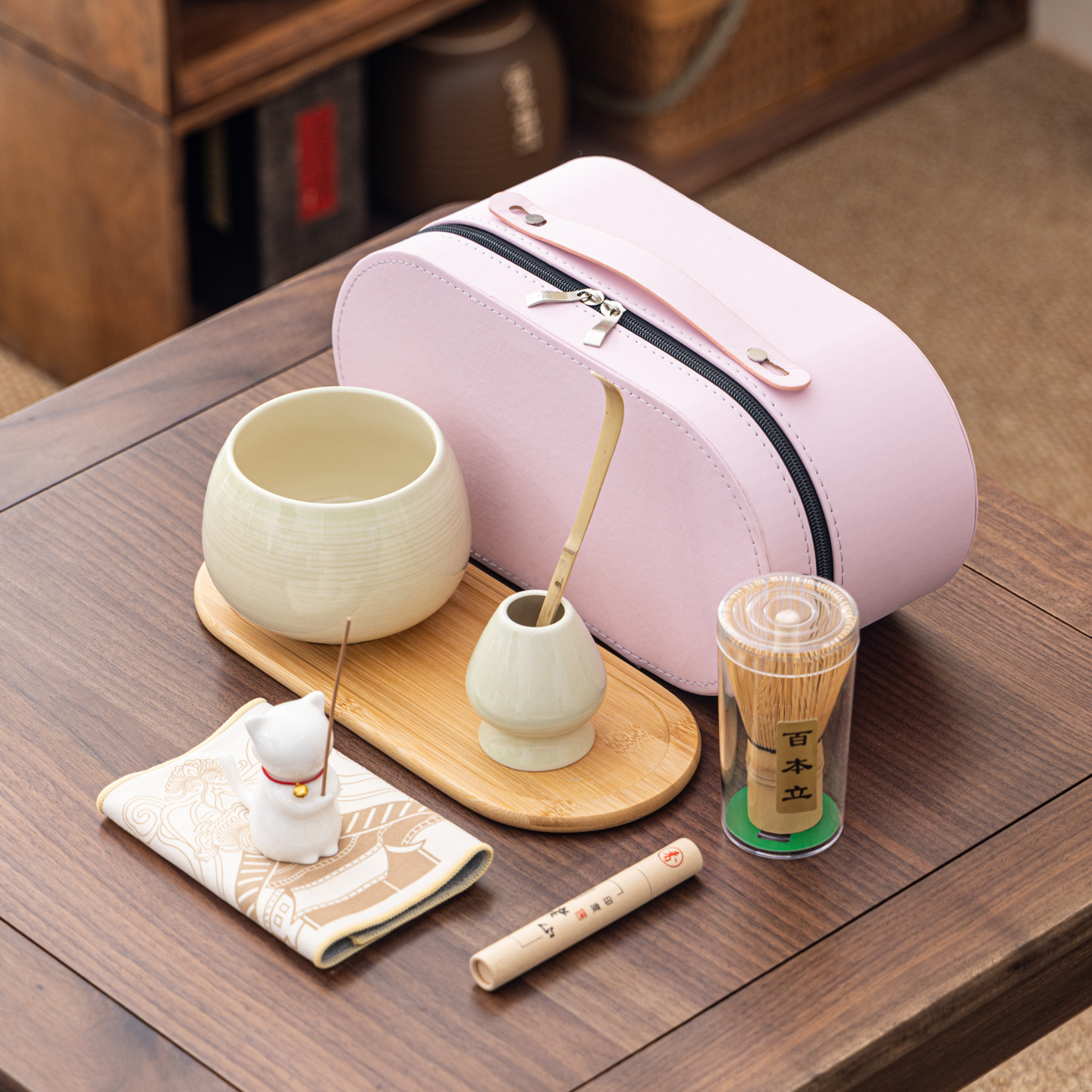 Cuenco de matcha corrugado caja de cuero set adorable gatito Xiangdao ocho piezas set punto té 100 tazas de té