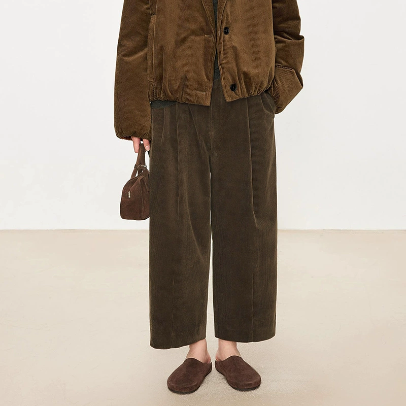 2024 Autumn/Winter Velvet Corduroy Wide-Leg VTG-Waist Grandma Pants with Three-Dimensional Striped Texture