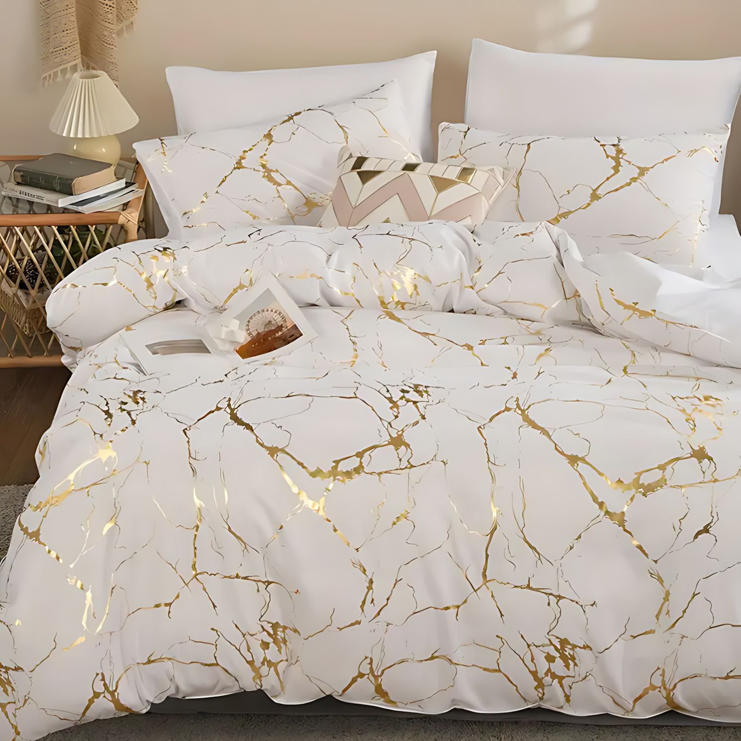 TEMU / JIT estilo transfronterizo clásico texturas de lámina de oro impresión digital 3D colcha suave funda de almohada kit