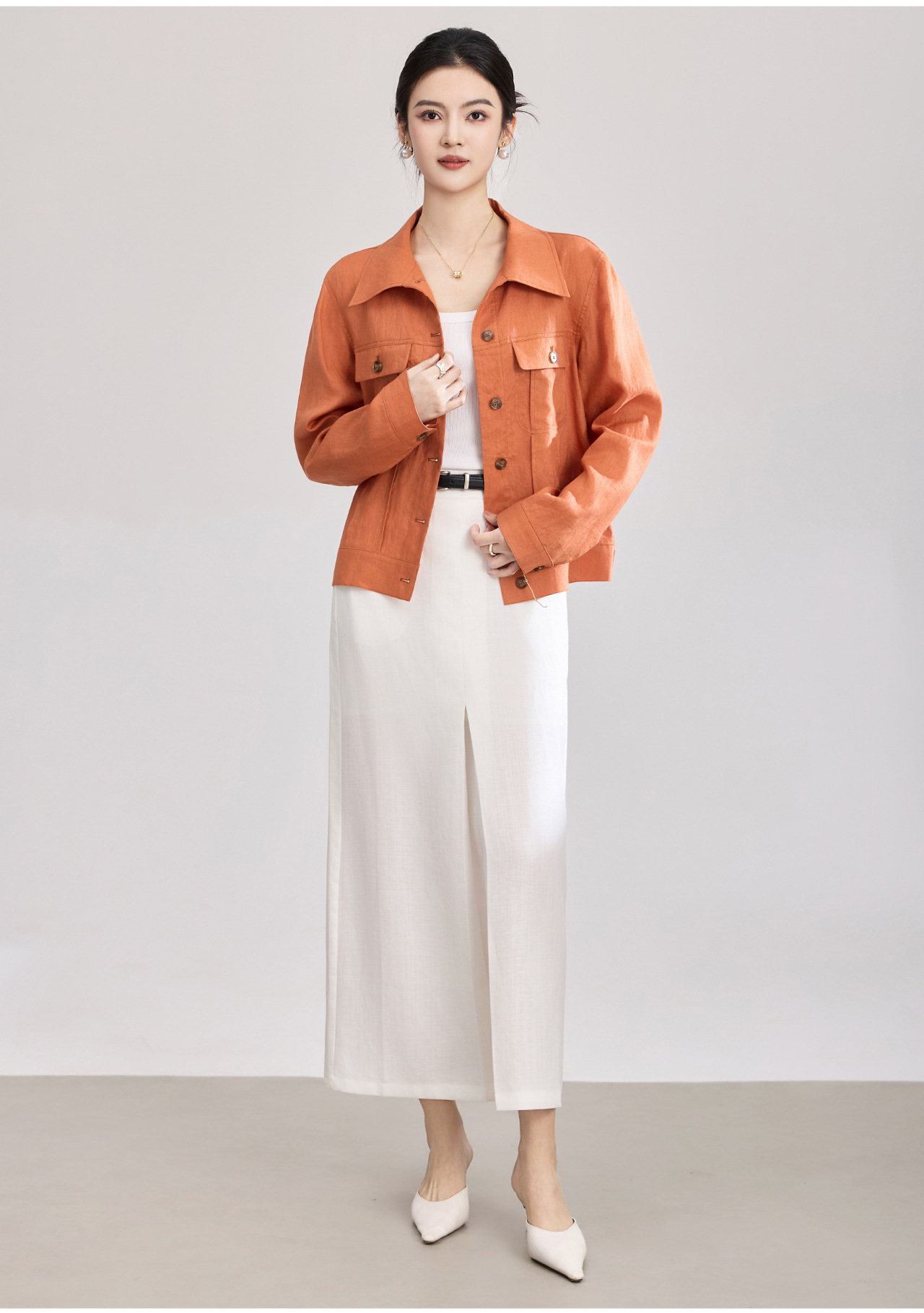 Chân váy xếp ly nữ cạp trung thấp, chất liệu tencel linen phối sọc răng cưa, xẻ tà — Xanh lông mòng đen chi tiết 4